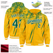 Загрузить изображение в средство просмотра галереи, Custom Gold Kelly Green-White Splash 3D Pattern Design Bomber Full-Snap Varsity Letterman Hoodie Jacket

