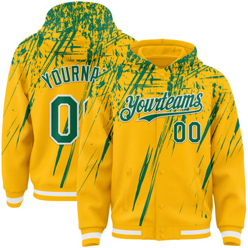 Custom Gold Kelly Green-White Splash 3D Pattern Design Bomber Full-Snap Varsity Letterman Hoodie Jacket