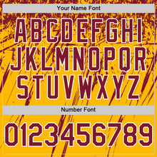 Загрузить изображение в средство просмотра галереи, Custom Gold Crimson-White Splash 3D Pattern Design Bomber Full-Snap Varsity Letterman Hoodie Jacket
