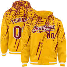 Загрузить изображение в средство просмотра галереи, Custom Gold Crimson-White Splash 3D Pattern Design Bomber Full-Snap Varsity Letterman Hoodie Jacket
