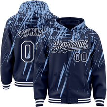Загрузить изображение в средство просмотра галереи, Custom Navy Light Blue-White Splash 3D Pattern Design Bomber Full-Snap Varsity Letterman Hoodie Jacket
