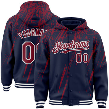 Custom Navy Crimson-White Splash 3D Pattern Design Bomber Full-Snap Varsity Letterman Hoodie Jacket