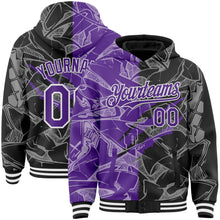 Загрузить изображение в средство просмотра галереи, Custom Graffiti Pattern Purple Black-White Scratch Bomber Full-Snap Varsity Letterman Hoodie Jacket
