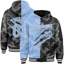 Загрузить изображение в средство просмотра галереи, Custom Graffiti Pattern Light Blue Black-White Scratch Bomber Full-Snap Varsity Letterman Hoodie Jacket
