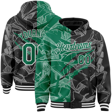 Custom Graffiti Pattern Kelly Green Black-White Scratch Bomber Full-Snap Varsity Letterman Hoodie Jacket