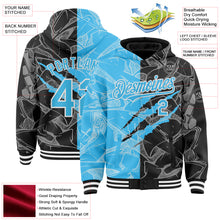 Загрузить изображение в средство просмотра галереи, Custom Graffiti Pattern Sky Blue Black-White Scratch Bomber Full-Snap Varsity Letterman Hoodie Jacket
