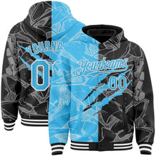 Загрузить изображение в средство просмотра галереи, Custom Graffiti Pattern Sky Blue Black-White Scratch Bomber Full-Snap Varsity Letterman Hoodie Jacket
