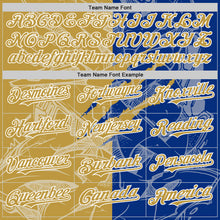 Загрузить изображение в средство просмотра галереи, Custom Graffiti Pattern Old Gold Royal-White Scratch Bomber Full-Snap Varsity Letterman Hoodie Jacket
