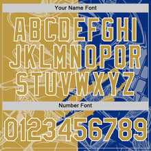 Загрузить изображение в средство просмотра галереи, Custom Graffiti Pattern Old Gold Royal-White Scratch Bomber Full-Snap Varsity Letterman Hoodie Jacket
