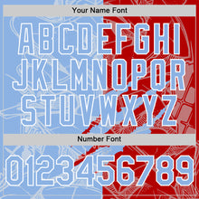 Загрузить изображение в средство просмотра галереи, Custom Graffiti Pattern Light Blue Red-White Scratch Bomber Full-Snap Varsity Letterman Hoodie Jacket
