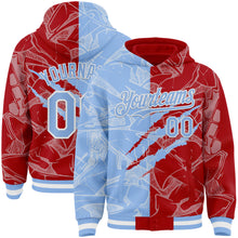 Загрузить изображение в средство просмотра галереи, Custom Graffiti Pattern Light Blue Red-White Scratch Bomber Full-Snap Varsity Letterman Hoodie Jacket
