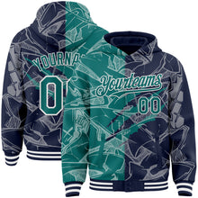 Загрузить изображение в средство просмотра галереи, Custom Graffiti Pattern Teal Navy-White Scratch Bomber Full-Snap Varsity Letterman Hoodie Jacket
