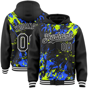 Custom Black Neon Green Royal-White Splash 3D Pattern Design Bomber Full-Snap Varsity Letterman Hoodie Jacket