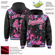 Load image into Gallery viewer, Custom Black Pink Light Blue-White Splash 3D Pattern Design Bomber Full-Snap Varsity Letterman Hoodie Jacket
