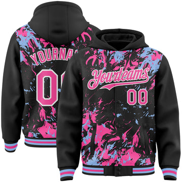 Custom Black Pink Light Blue-White Splash 3D Pattern Design Bomber Full-Snap Varsity Letterman Hoodie Jacket