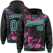 Load image into Gallery viewer, Custom Black Teal Pink-White Splash 3D Pattern Design Bomber Full-Snap Varsity Letterman Hoodie Jacket
