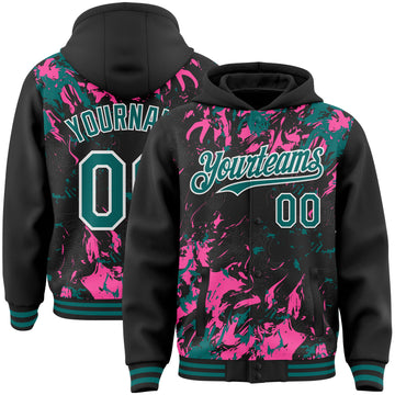 Custom Black Teal Pink-White Splash 3D Pattern Design Bomber Full-Snap Varsity Letterman Hoodie Jacket