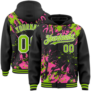 Custom Black Neon Green Pink-White Splash 3D Pattern Design Bomber Full-Snap Varsity Letterman Hoodie Jacket