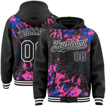 Custom Black Thunder Blue Pink-White Splash 3D Pattern Design Bomber Full-Snap Varsity Letterman Hoodie Jacket