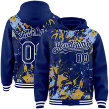 Charger l'image dans la galerie, Custom Royal Light Blue Old Gold-White Splash 3D Pattern Design Bomber Full-Snap Varsity Letterman Hoodie Jacket
