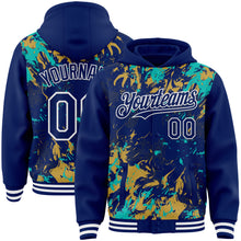 Load image into Gallery viewer, Custom Royal Aqua Old Gold-White Splash 3D Pattern Design Bomber Full-Snap Varsity Letterman Hoodie Jacket
