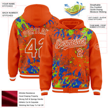 Load image into Gallery viewer, Custom Orange Neon Green Thunder Blue-White Splash 3D Pattern Design Bomber Full-Snap Varsity Letterman Hoodie Jacket

