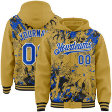 Charger l'image dans la galerie, Custom Old Gold Thunder Blue Black-White Splash 3D Pattern Design Bomber Full-Snap Varsity Letterman Hoodie Jacket
