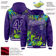 Load image into Gallery viewer, Custom Purple Teal Neon Green-White Splash 3D Pattern Design Bomber Full-Snap Varsity Letterman Hoodie Jacket
