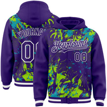 Load image into Gallery viewer, Custom Purple Teal Neon Green-White Splash 3D Pattern Design Bomber Full-Snap Varsity Letterman Hoodie Jacket
