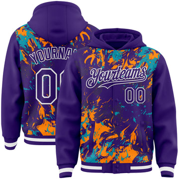 Custom Purple Teal Bay Orange-White Splash 3D Pattern Design Bomber Full-Snap Varsity Letterman Hoodie Jacket
