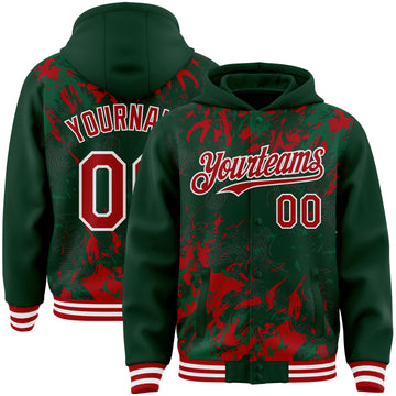 Custom Green Red Kelly Green-White Splash 3D Pattern Design Bomber Full-Snap Varsity Letterman Hoodie Jacket