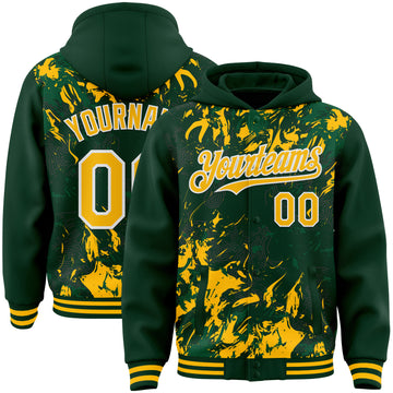 Custom Green Gold Kelly Green-White Splash 3D Pattern Design Bomber Full-Snap Varsity Letterman Hoodie Jacket