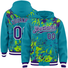 Charger l'image dans la galerie, Custom Teal Purple Neon Green-White Splash 3D Pattern Design Bomber Full-Snap Varsity Letterman Hoodie Jacket
