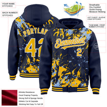 Load image into Gallery viewer, Custom Navy Gold Light Blue-White Splash 3D Pattern Design Bomber Full-Snap Varsity Letterman Hoodie Jacket

