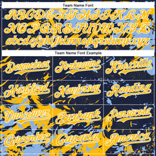 Load image into Gallery viewer, Custom Navy Gold Light Blue-White Splash 3D Pattern Design Bomber Full-Snap Varsity Letterman Hoodie Jacket
