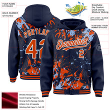 Load image into Gallery viewer, Custom Navy Orange Light Blue-White Splash 3D Pattern Design Bomber Full-Snap Varsity Letterman Hoodie Jacket
