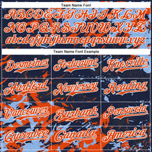 Load image into Gallery viewer, Custom Navy Orange Light Blue-White Splash 3D Pattern Design Bomber Full-Snap Varsity Letterman Hoodie Jacket
