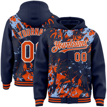 Custom Navy Orange Light Blue-White Splash 3D Pattern Design Bomber Full-Snap Varsity Letterman Hoodie Jacket