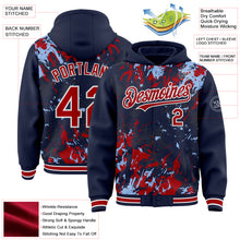 Load image into Gallery viewer, Custom Navy Red Light Blue-White Splash 3D Pattern Design Bomber Full-Snap Varsity Letterman Hoodie Jacket
