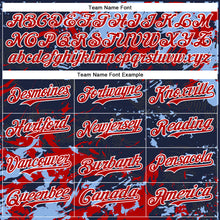 Load image into Gallery viewer, Custom Navy Red Light Blue-White Splash 3D Pattern Design Bomber Full-Snap Varsity Letterman Hoodie Jacket
