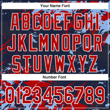 Load image into Gallery viewer, Custom Navy Red Light Blue-White Splash 3D Pattern Design Bomber Full-Snap Varsity Letterman Hoodie Jacket
