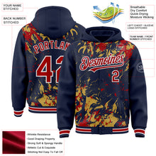 Загрузить изображение в средство просмотра галереи, Custom Navy Red Old Gold-White Splash 3D Pattern Design Bomber Full-Snap Varsity Letterman Hoodie Jacket
