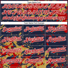 Загрузить изображение в средство просмотра галереи, Custom Navy Red Old Gold-White Splash 3D Pattern Design Bomber Full-Snap Varsity Letterman Hoodie Jacket
