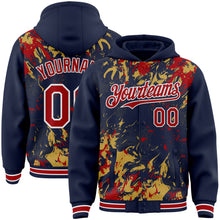Загрузить изображение в средство просмотра галереи, Custom Navy Red Old Gold-White Splash 3D Pattern Design Bomber Full-Snap Varsity Letterman Hoodie Jacket
