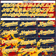 Load image into Gallery viewer, Custom Navy Gold Red-White Splash 3D Pattern Design Bomber Full-Snap Varsity Letterman Hoodie Jacket
