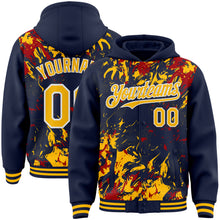 Load image into Gallery viewer, Custom Navy Gold Red-White Splash 3D Pattern Design Bomber Full-Snap Varsity Letterman Hoodie Jacket
