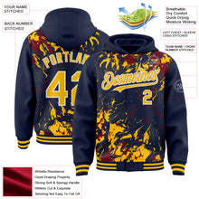 Load image into Gallery viewer, Custom Navy Gold Crimson-White Splash 3D Pattern Design Bomber Full-Snap Varsity Letterman Hoodie Jacket
