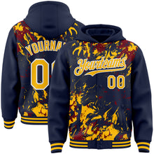 Load image into Gallery viewer, Custom Navy Gold Crimson-White Splash 3D Pattern Design Bomber Full-Snap Varsity Letterman Hoodie Jacket
