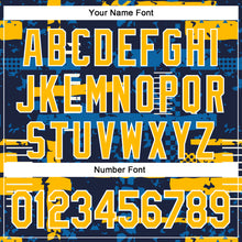 Load image into Gallery viewer, Custom Navy Gold Blue-White Abstract Fragment Shape 3D Pattern Design Bomber Full-Snap Varsity Letterman Hoodie Jacket
