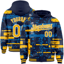 Load image into Gallery viewer, Custom Navy Gold Blue-White Abstract Fragment Shape 3D Pattern Design Bomber Full-Snap Varsity Letterman Hoodie Jacket
